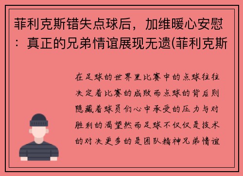 菲利克斯错失点球后，加维暖心安慰：真正的兄弟情谊展现无遗(菲利克斯没入选)