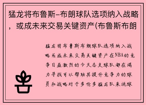 猛龙将布鲁斯-布朗球队选项纳入战略，或成未来交易关键资产(布鲁斯布朗续约)