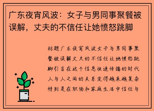 广东夜宵风波：女子与男同事聚餐被误解，丈夫的不信任让她愤怒跳脚