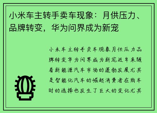 小米车主转手卖车现象：月供压力、品牌转变，华为问界成为新宠