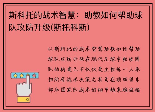 斯科托的战术智慧：助教如何帮助球队攻防升级(斯托科斯)