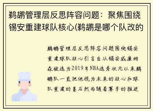 鹈鹕管理层反思阵容问题：聚焦围绕锡安重建球队核心(鹈鹕是哪个队改的)