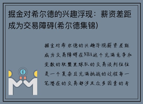 掘金对希尔德的兴趣浮现：薪资差距成为交易障碍(希尔德集锦)