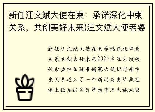 新任汪文斌大使在柬：承诺深化中柬关系，共创美好未来(汪文斌大使老婆)