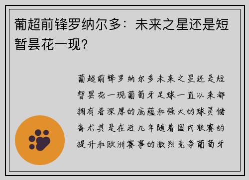 葡超前锋罗纳尔多：未来之星还是短暂昙花一现？